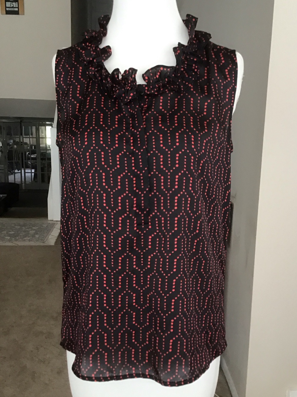 Nine West Black Sleeveless Ruffle Neck Top with Red Dot Pattern